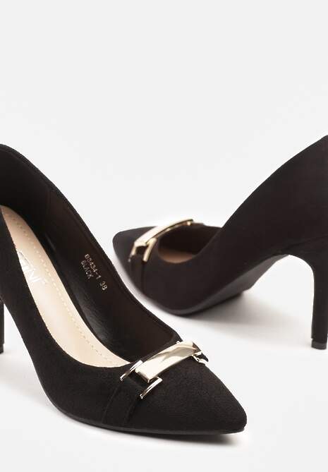 Czarne Szpilki ze Szpiczastym Noskiem z Ozdobną Aplikacją Mininelia