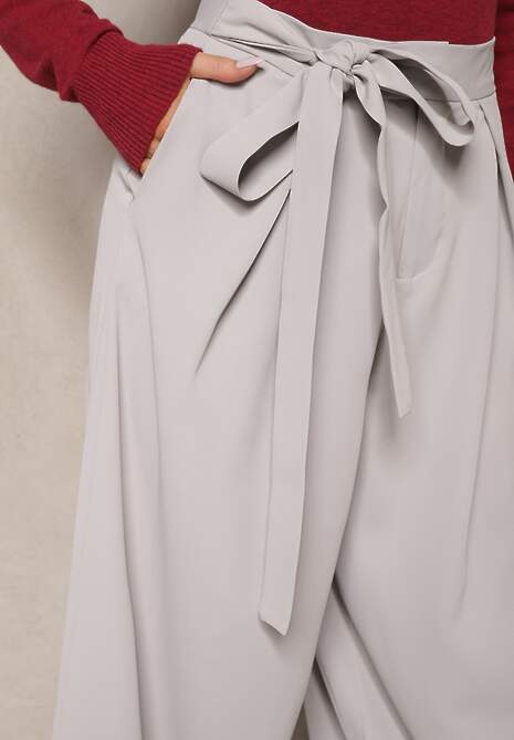 Szare Eleganckie Spodnie w Garniturowym Stylu High Waist Ozdobione Paskiem w Talii Wenelsea