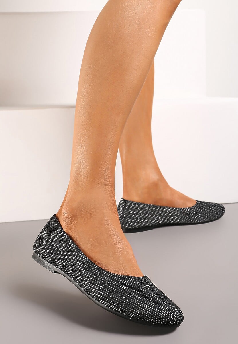 Czarne Wsuwane Balerinki Brokatowe na Płaskiej Podeszwie Claremarie