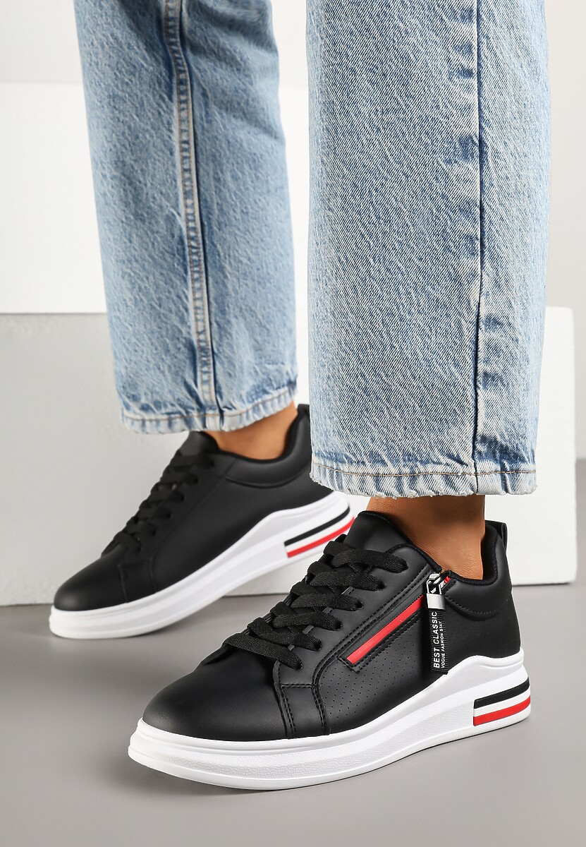 Czarne Sneakersy z Ozdobnymi Napisami Suwakiem i Paskami Tosime