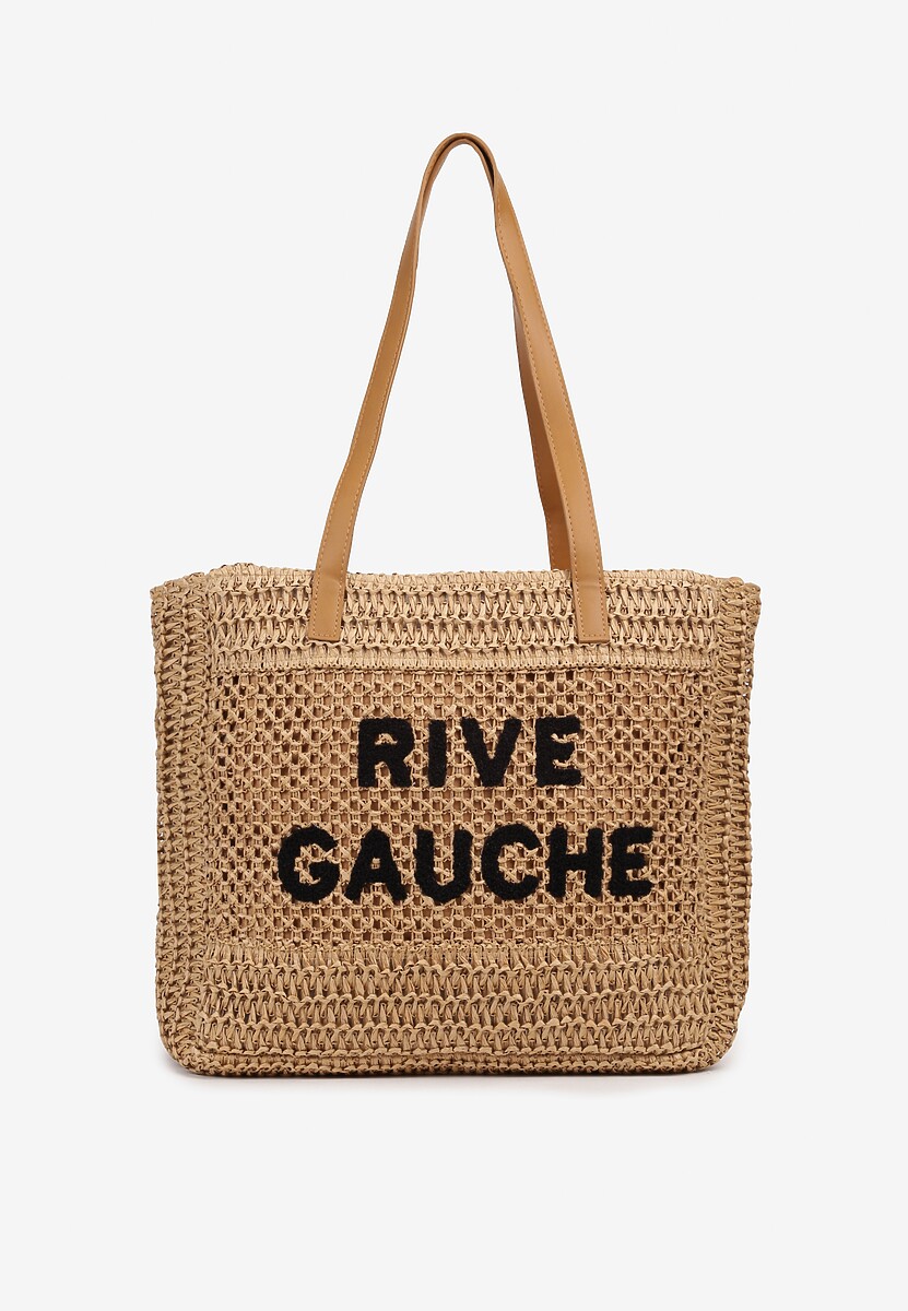 Jasnobeżowa Pleciona Torebka Boho z Naszytym Napisem Jusbia