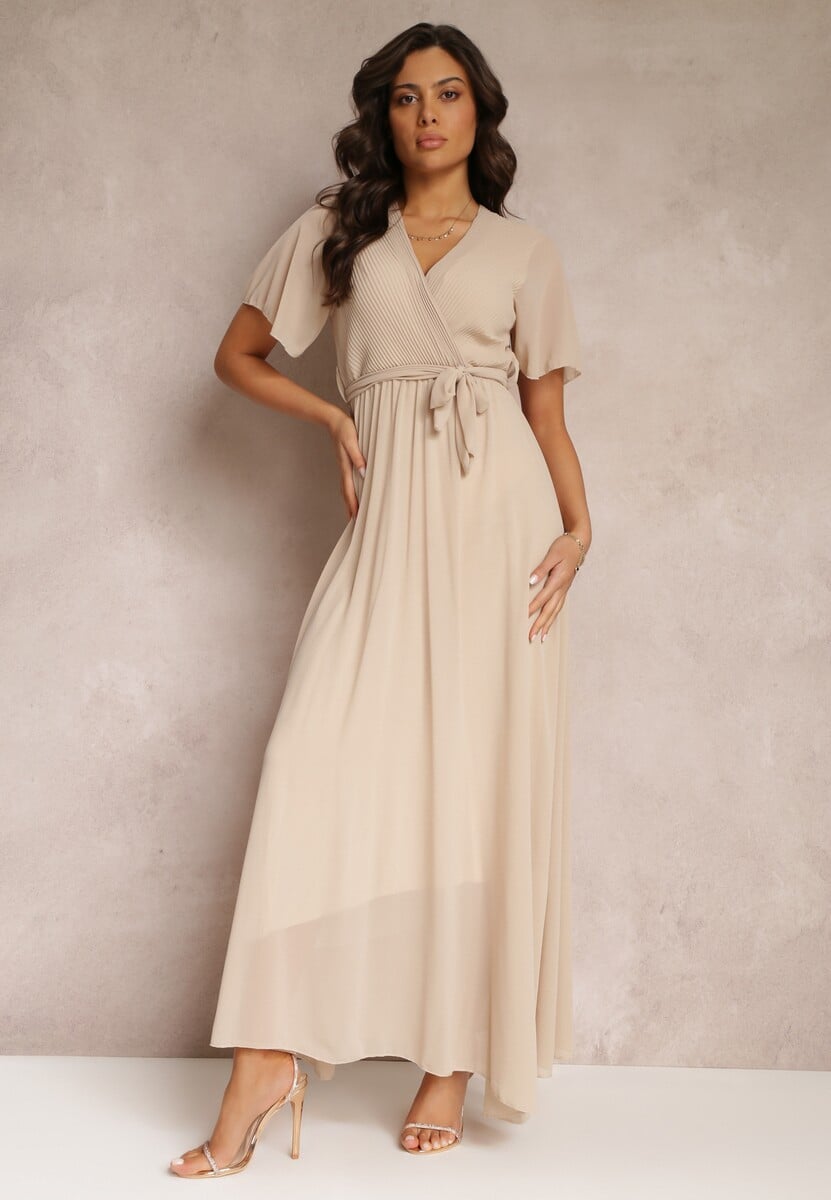 Beżowa Plisowana Sukienka z Kopertowym Dekoltem i Gumką w Talii Dimitris