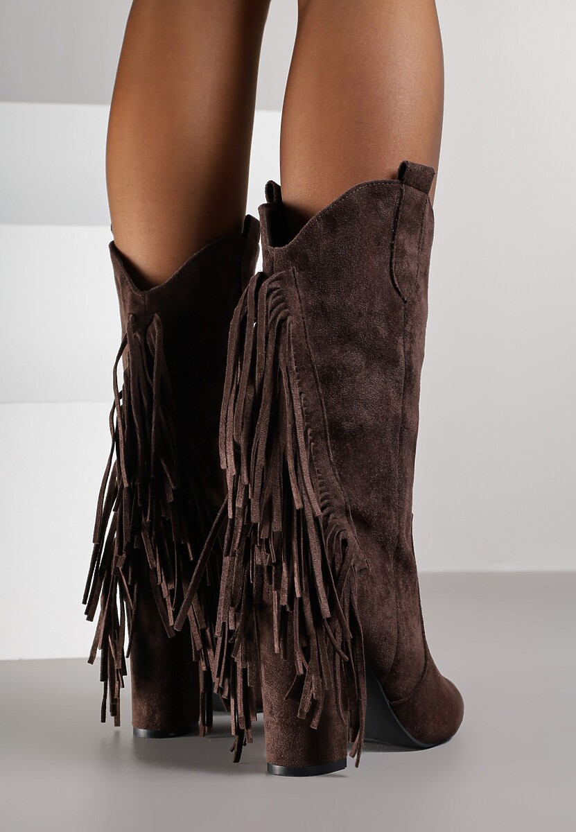 Brązowe Botki Kowbojki na Słupku Ozdobione Frędzlami Reikka