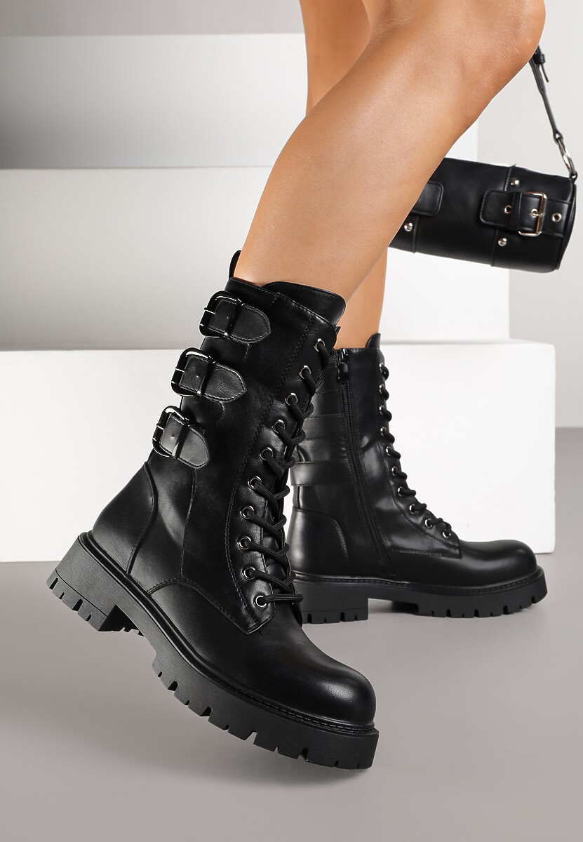 Czarne Botki Typu Workery Zdobione Sprzączkami Therrie