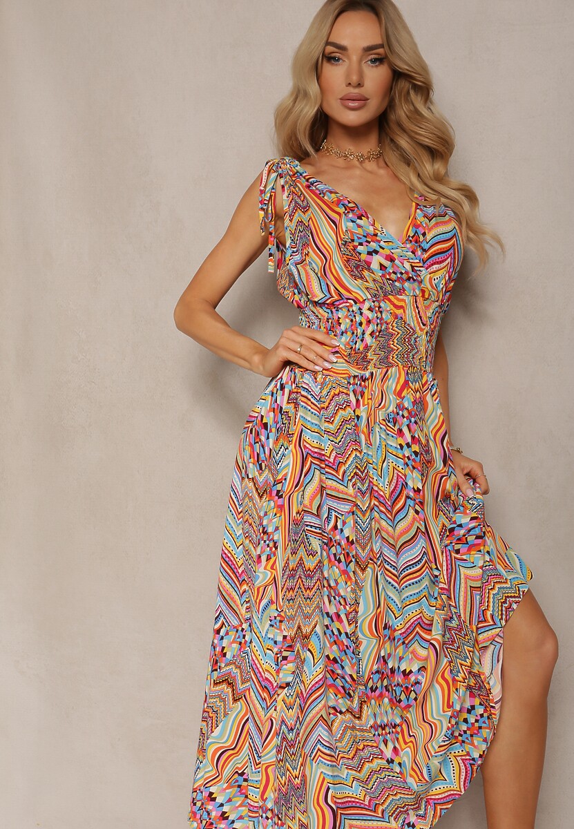 Zielono-Różowa Boho Sukienka o Rozkloszowanym Kroju z Dekoltem w Serek i Gumką w Pasie Heteri