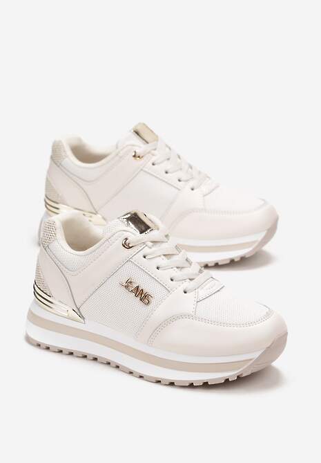 Beżowe Brokatowe Sneakersy na Ozdobnej Podeszwie przed Kostkę Jariana