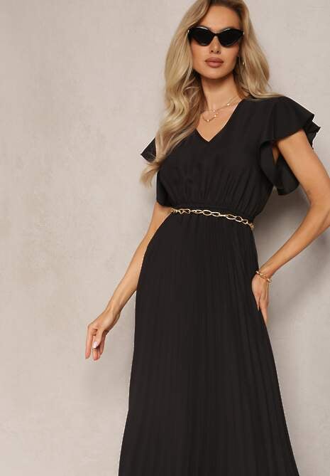 Czarna Rozkloszowana Sukienka z Plisami Maxi z Falbankami przy Ramionach Nethula