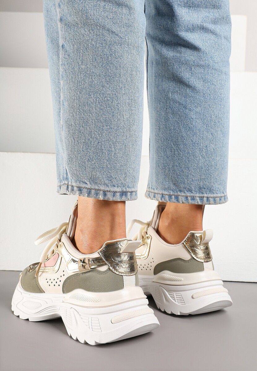 Beżowo-Zielone Sneakersy Streetwearowe na Grubej Podeszwie Waniffia