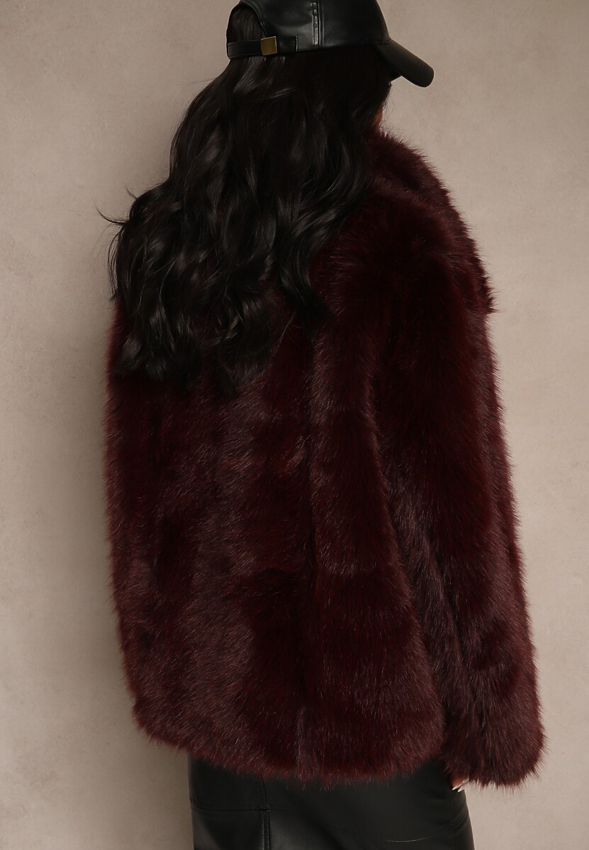 Bordowa Dwustronna Kurtka Biker Ozdobiona Futerkiem Flitta