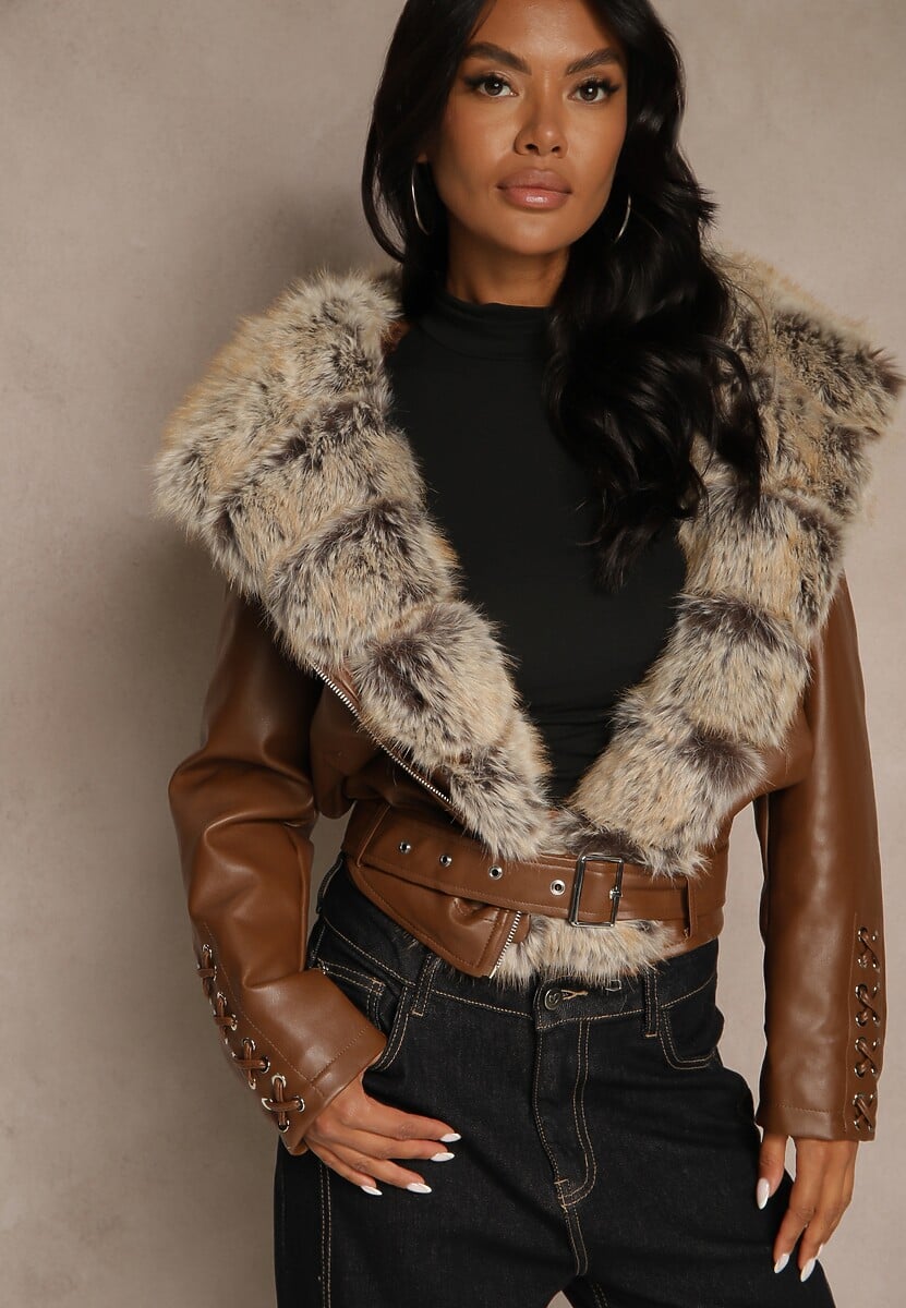 Brązowa Kurtka Ramoneska z Kapturem z Futrem z Możliwością Odpięcia Aplinna