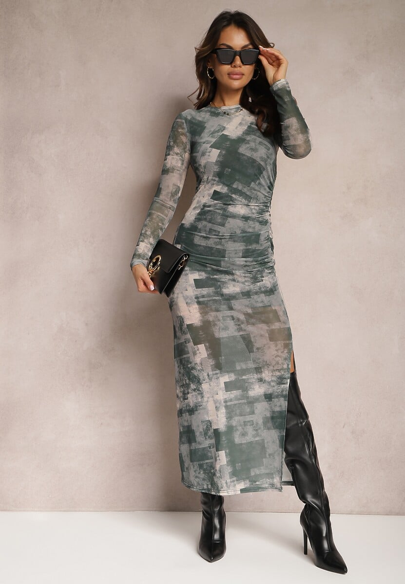 Ciemnozielona Dopasowana Sukienka Maxi z Wycięciem Marperra