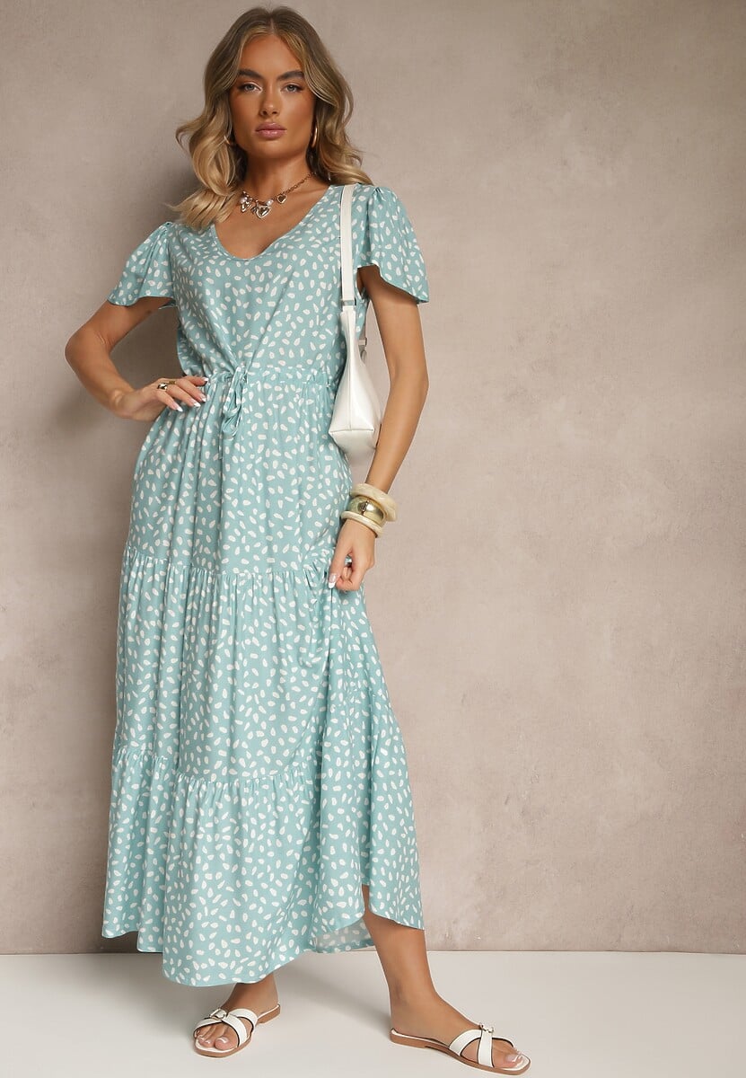 Jasnoniebieska Rozkloszowana Sukienka z Bawełną i Geometrycznym Motywem Mevelaia