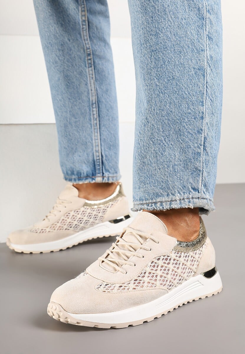 Beżowe Ażurowe Sneakersy na Podeszwie z Metaliczną Wstawką Neomira