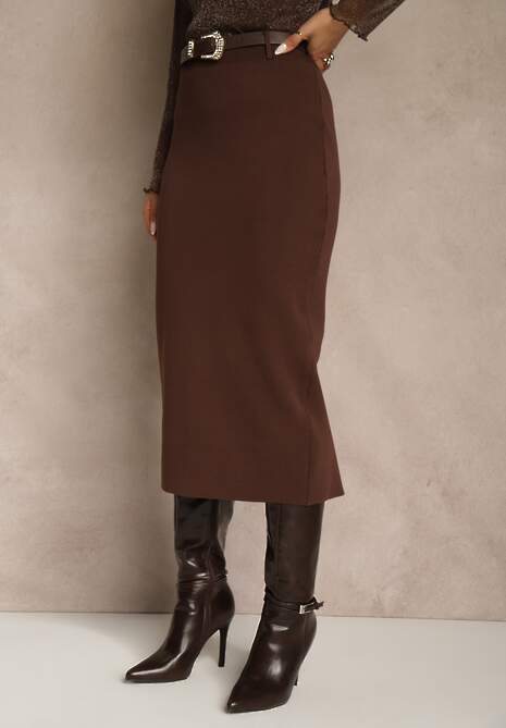 Brązowa Spódnica o Ołówkowym Kroju z Wiskozą z Paskiem i Rozcięciem Saweda