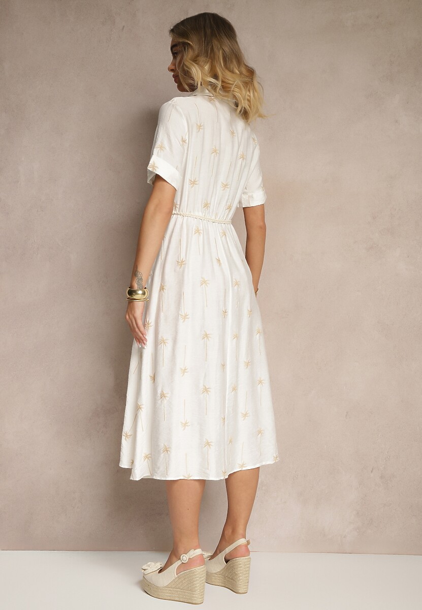 Biała Koszulowa Sukienka z Wiskozy o Rozkloszowanym Kroju z Wiązaniem Liselithra