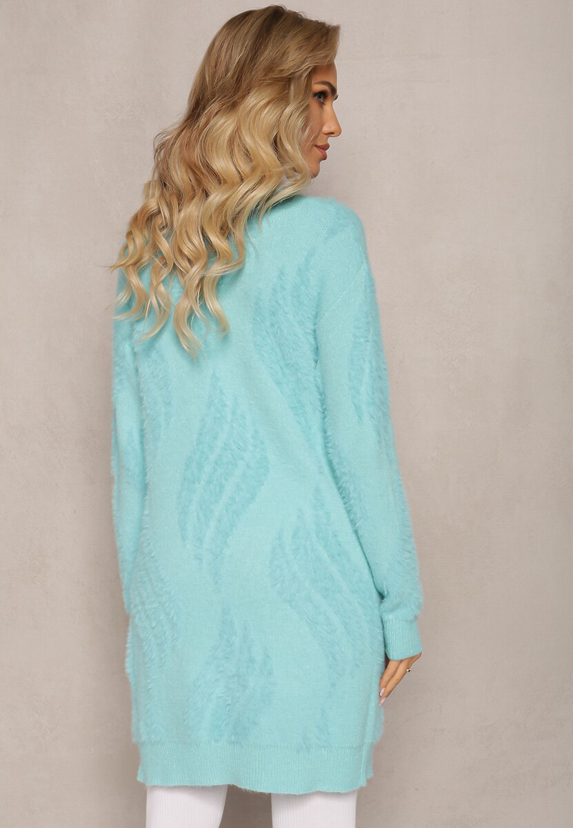 Miętowy Luźny Kardigan Niezapinany z Dłuższym Włosiem Karsta