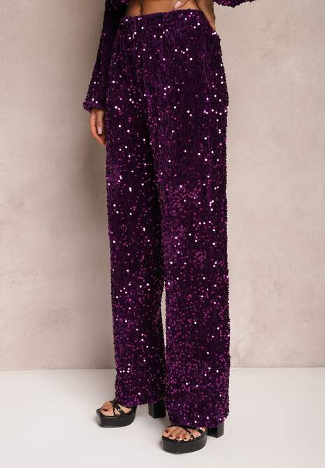 Fioletowe Szerokie Spodnie w Cekiny z Welurowej Tkaniny Naress