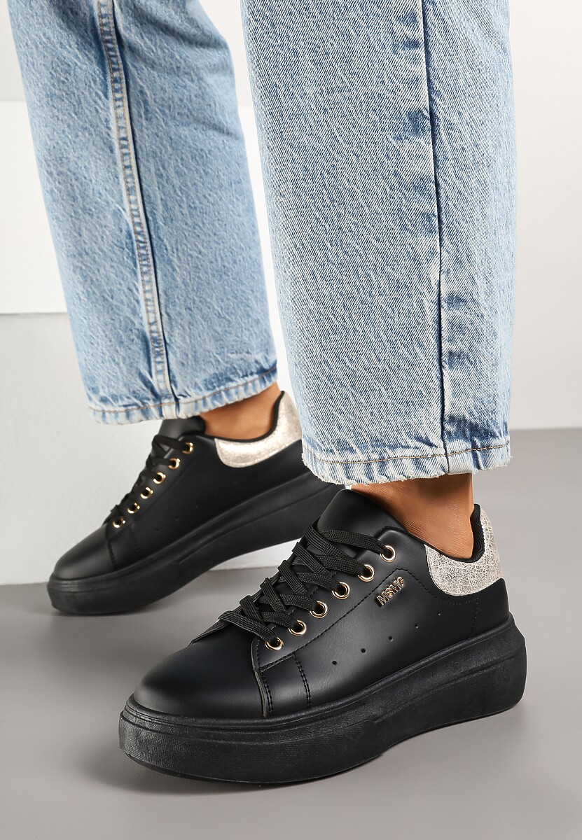 Czarno-Złote Sneakersy na Niskim Koturnie Zdobione Metalicznymi Wstawkami Alirisa