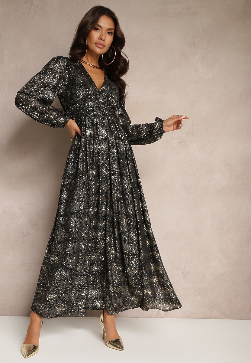 Czarna Rozkloszowana Sukienka z Ozdobnym Metalicznym Wzorem i Gumką w Talii Bonina