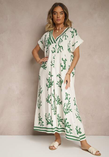 Zielono-Beżowa Pudełkowa Sukienka z Wiskozą i Lnem Sadeone