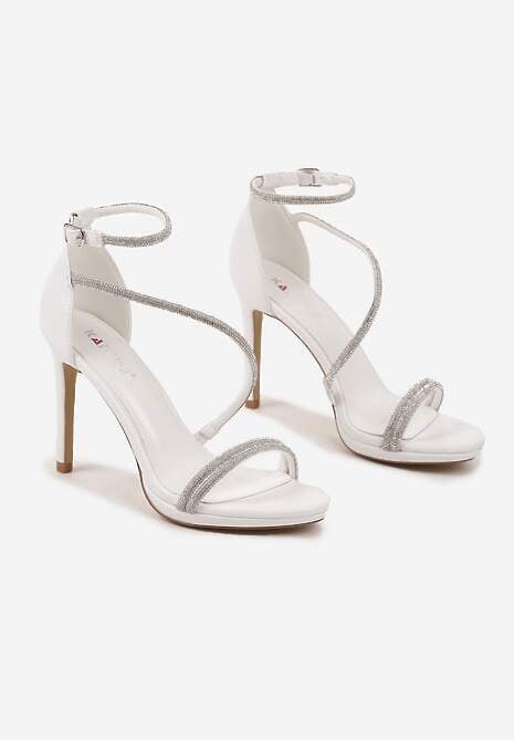 Białe Sandały Szpilki Zdobione Cyrkoniami Zapinane na Sprzączkę Ralisen