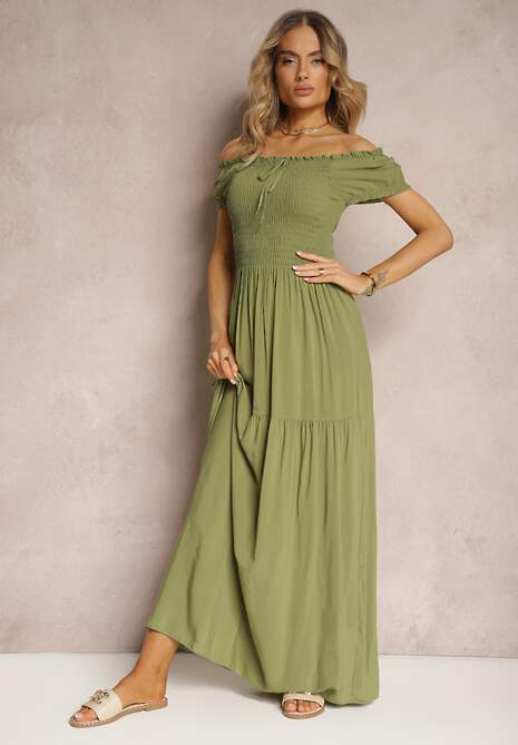 Jasnozielona Sukienka Hiszpanka z Wiskozy z Górą Marszczoną Gumkami Moallme