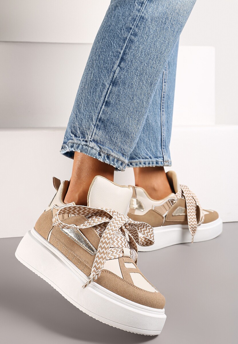 Beżowe Sneakersy Na Niskiej Platformie z Szerokimi Sznurówkami we Wzorek Vidira