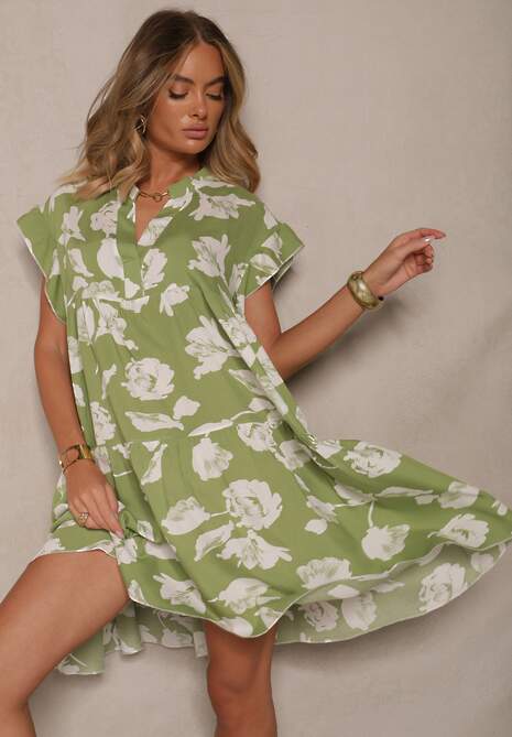 Jasnozielona Sukienka z Bawełny Ozdobiona Kwiatami Liranea