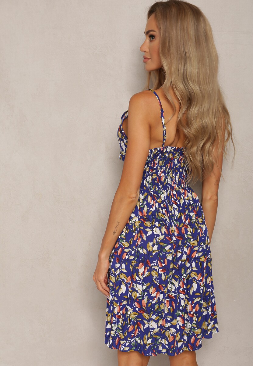 Granatowa Sukienka z Bawełny na Ramiączkach z Gumką w Pasie i Dekoltem w Serek Dimitty