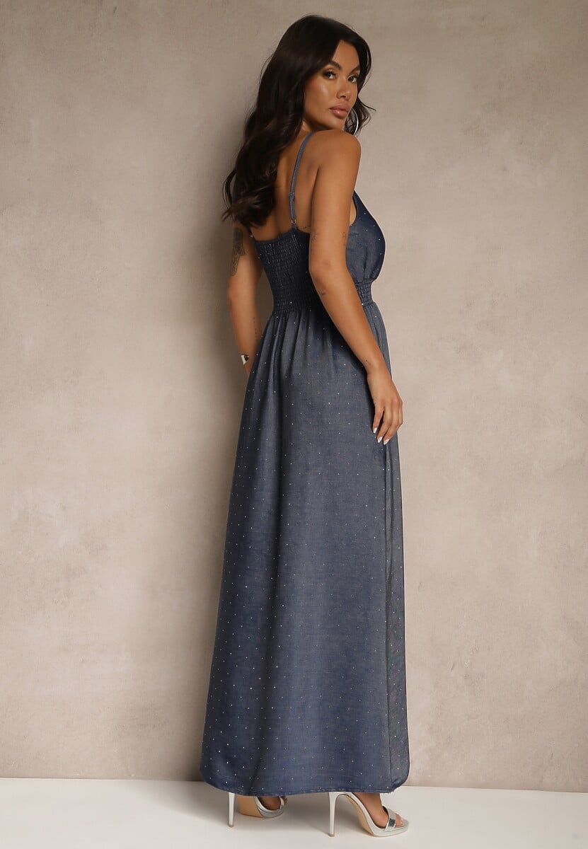 Granatowa Wiskozowa Sukienka o Kopertowym Kroju na Ramiączkach z Cyrkoniami Aravice