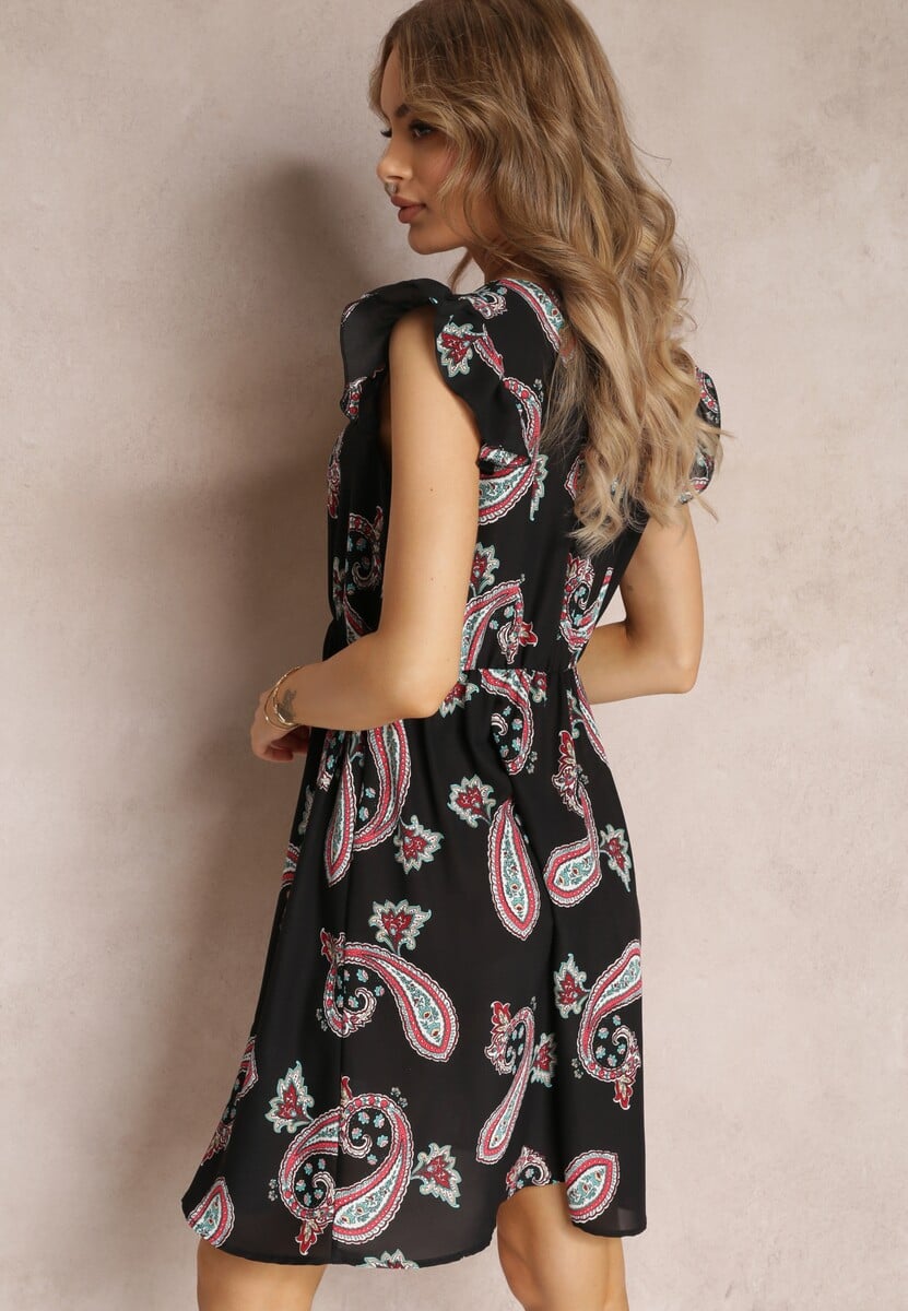 Czarna Rozkloszowana Sukienka Mini we Wzór Paisley Rachelli