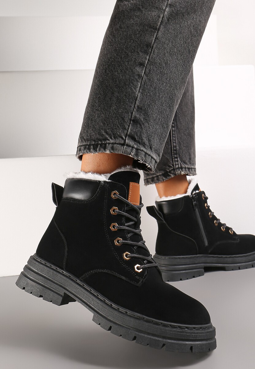 Czarne Trapery Botki Mocno Ocieplone Sztucznym Futerkiem Sedonna