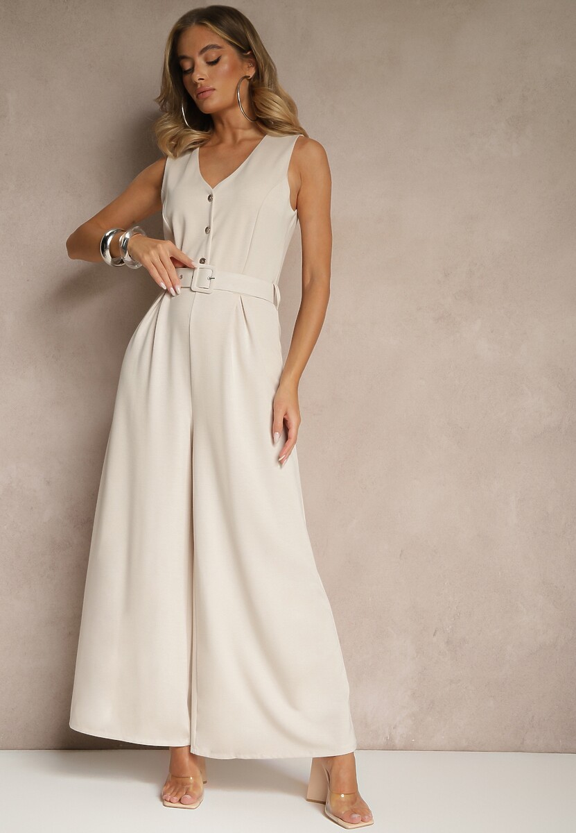 Jasnobeżowy Kombinezon o Taliowanym Kroju z Wiskozą i Paskiem Raliorea
