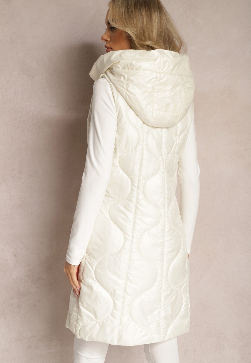 Jasnobeżowa Długa Kamizelka z Wsuwanymi Kieszeniami i Kapturem Manzella