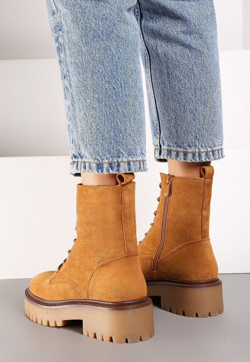 Brązowe Sznurowane Botki w Stylu Workerów na Platformie z Tłoczeniem Zinmaia