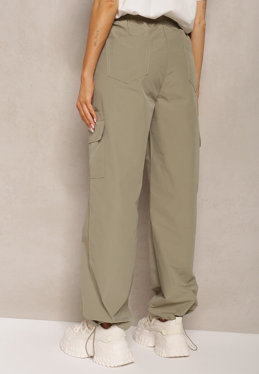 Zielone Bojówki Spodnie z Gumką w Pasie z Szerokimi Nogawkami ze Ściągaczami Nellava