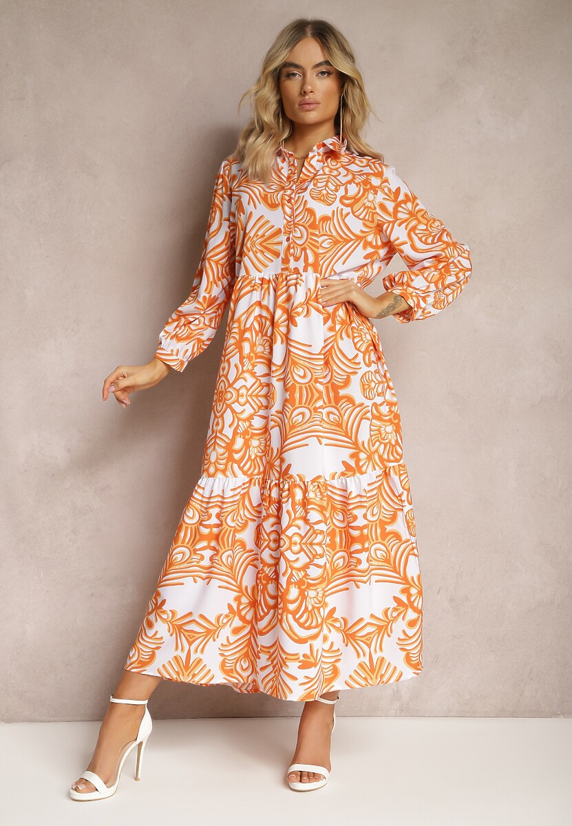 Pomarańczowa Rozkloszowana Sukienka Długa z Falbanką w Ornamentalny Print Naraoda