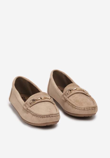 Ciemnobeżowe Mokasyny z Cholewką przed Kostkę z Przeszyciami i Ozdobnym Paskiem Alydora