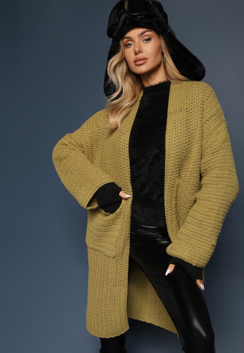 Różowy Kardigan Bez Zapięć Zdobiony Luźnym Splotem i Wsuwanymi Kieszeniami Calineth