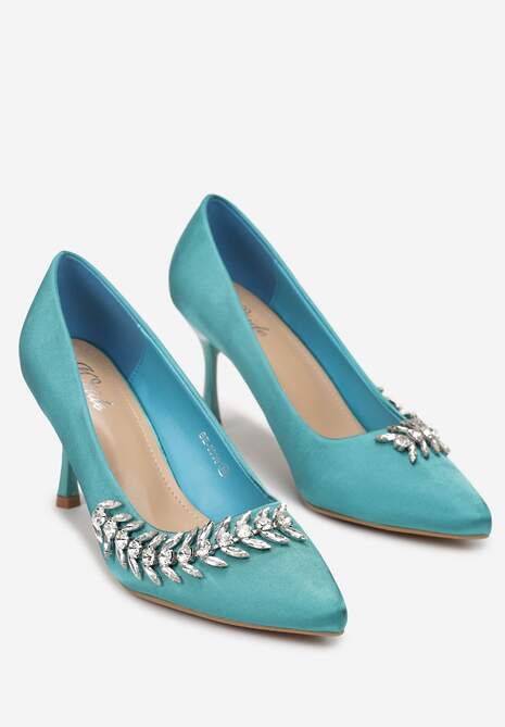 Niebieskie Satynowe Szpilki Ozdobione Kompozycją z Kryształków Nazasa