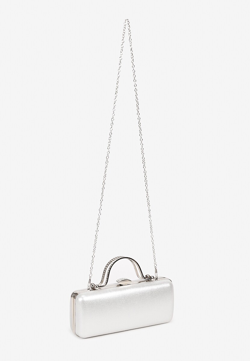 Srebrna Wieczorowa Torebka z Rączką Wykończona Cyrkoniami i Łańcuszkiem Fenagia