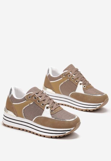 Ciemnobeżowe Sneakersy z Brokatową Dzianinową Wstawką Atobia