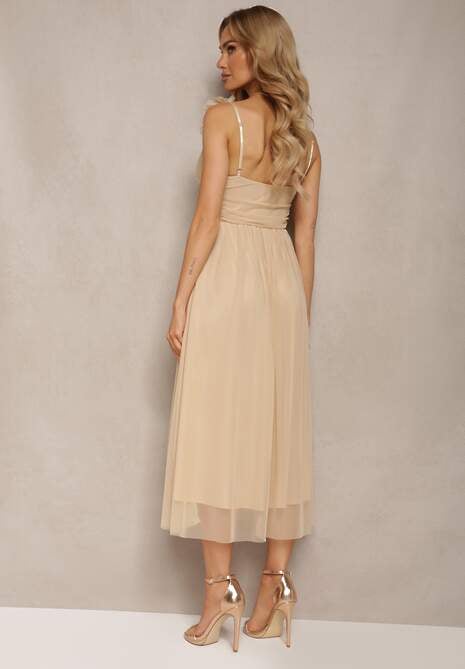 Beżowa Rozkloszowana Sukienka na Ramiączkach z Gumką w Pasie z Falbankami Zafara