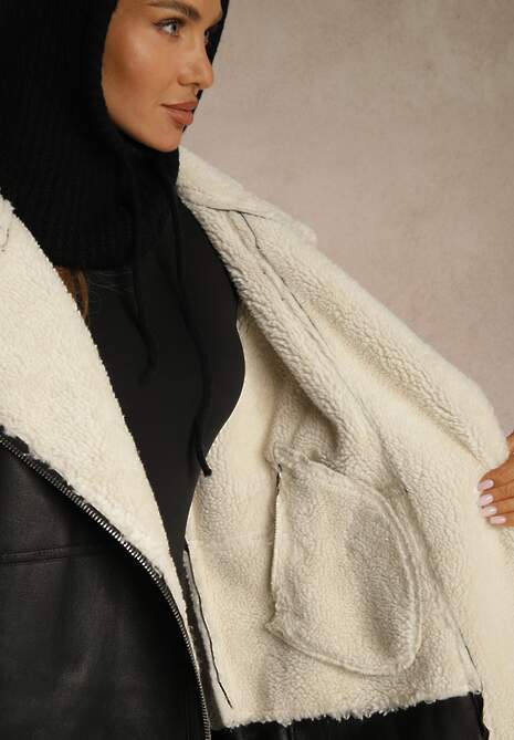 Czarno-Biała Kurtka Ramoneska z Futerkiem Mysteri