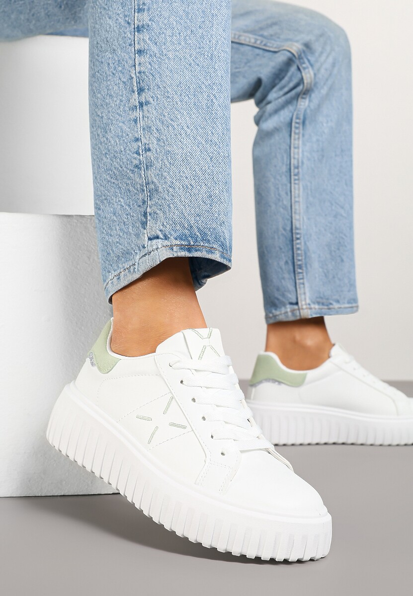 Biało-Zielone Sneakersy na Platformie z Tłoczeniem i Brokatową Wstawką Nuselin