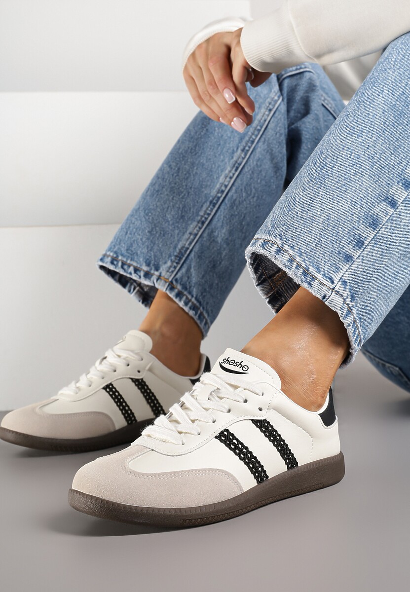 Beżowo-Czarne Sneakersy w Stylu Tenisówek z Geometrycznym Motywem Halonelle