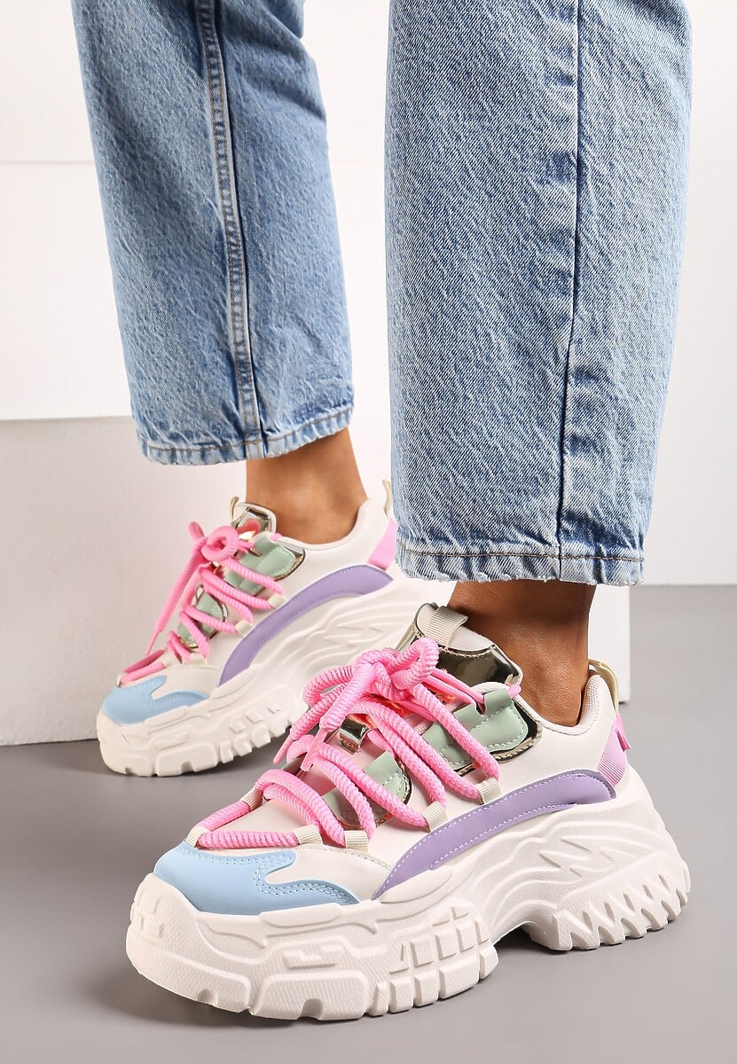 Biało-Różowe Sneakersy z Grubymi Sznurówkami na Niskiej Platformie Lasandre