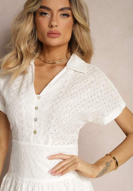 Biała Ażurowa Sukienka z Bawełny z Krótkim Rękawem i Guzikami Obitha