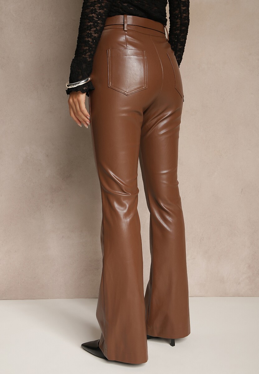 Brązowe Spodnie Flare z Imitacji Skóry Vebria