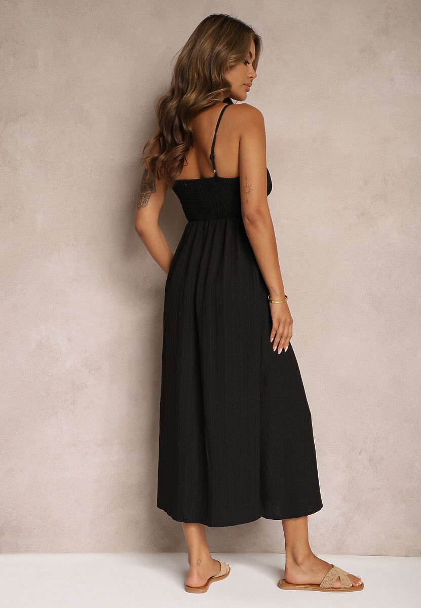 Czarna Taliowana Sukienka na Guziki na Ramiączkach z Regulacją Quafea